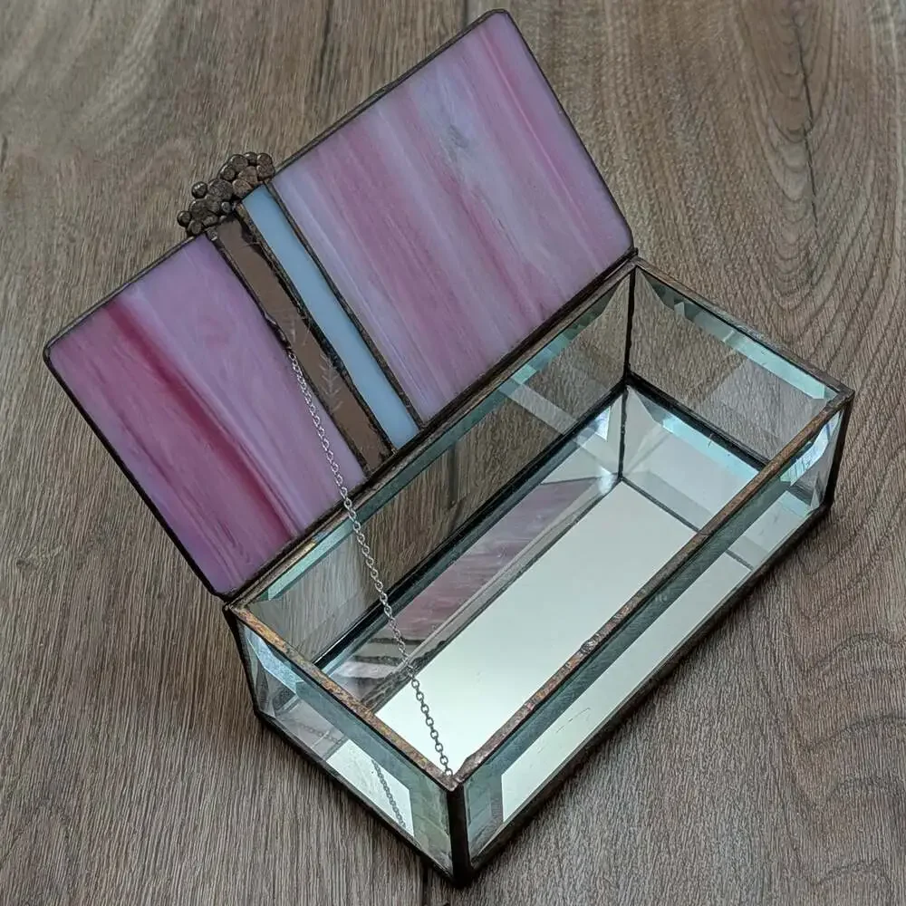 Vintage Stained Glass Jewelry Box with Pink Swirl Art Glass Lid and Mirrored Bot